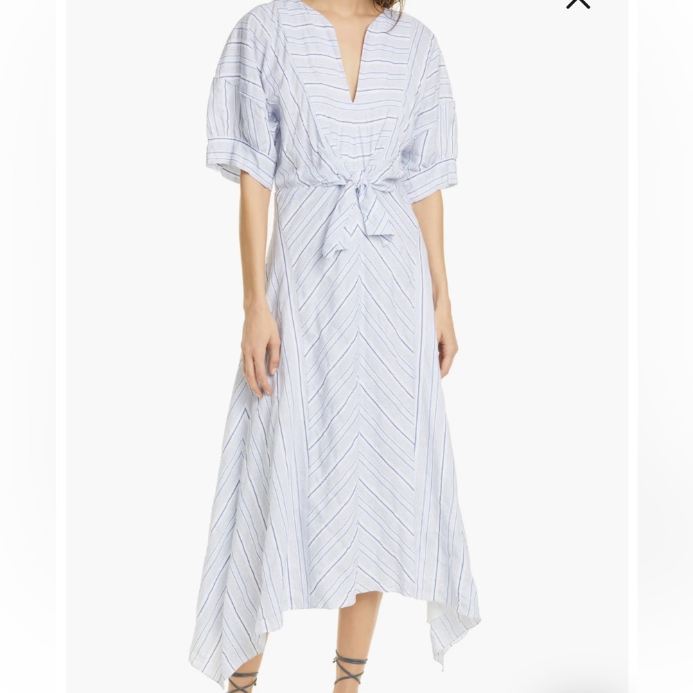 Rebecca Taylor Directional Stripe Belted Cotton & Linen Midi Dress